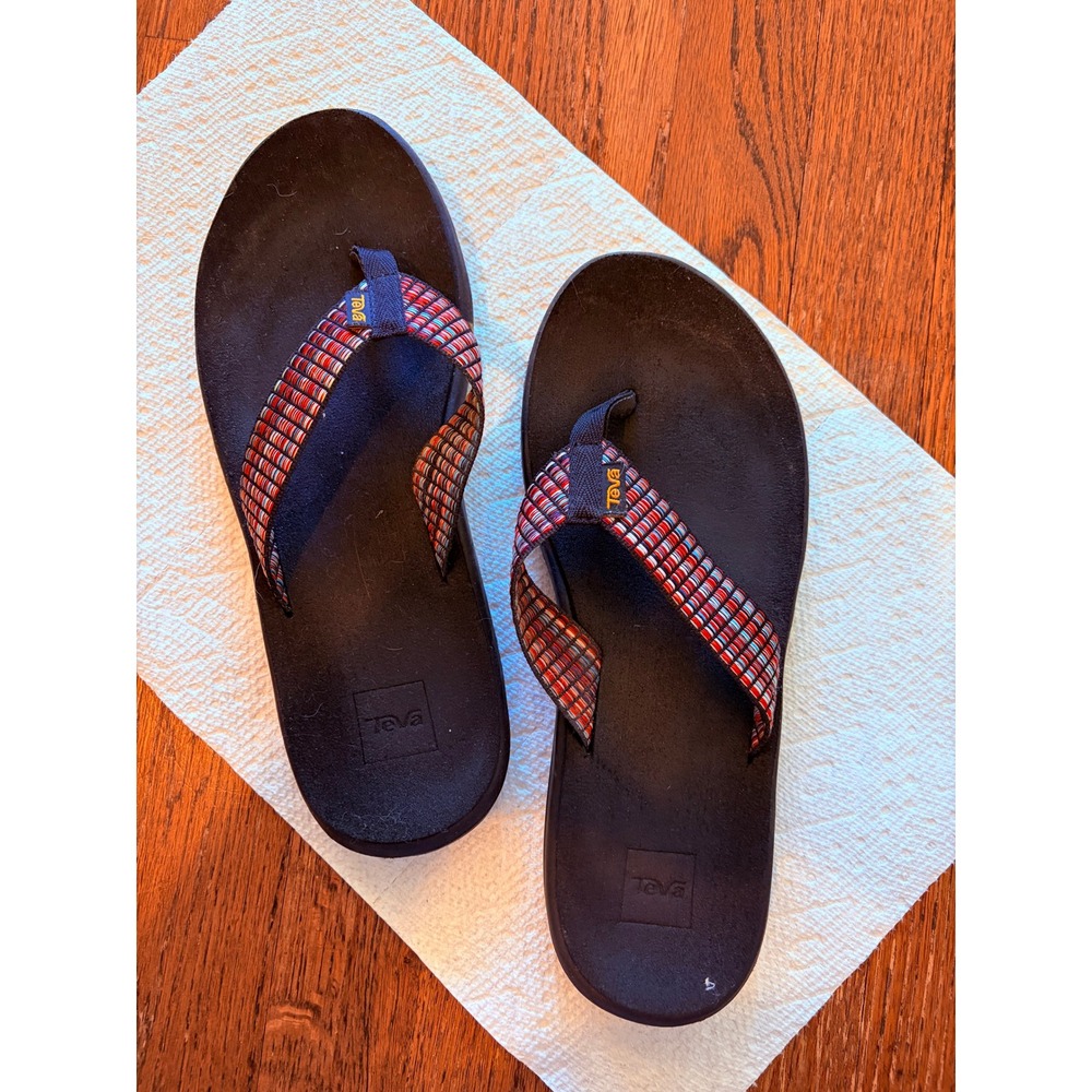 Teva Mush II Flip Flops Multi Color Geometric Webbing Straps Cushioned Sandals